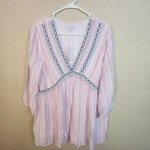 L Love Pink White Striped Blouse with Black Crochet Lace NWT (5846)